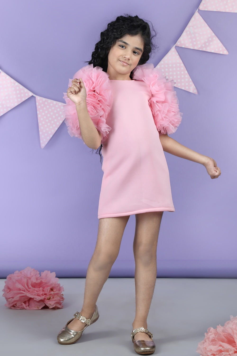 Straight Dress Embellisdhed With Bunch Of 3D Fabric Flowers In Sleeves