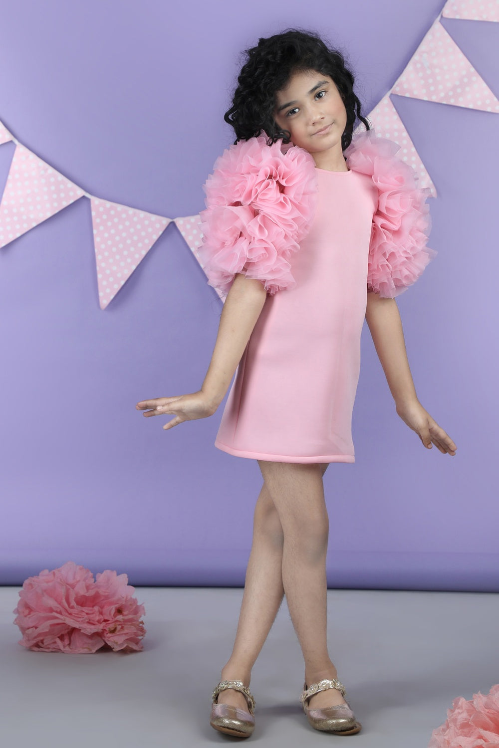 Straight Dress Embellisdhed With Bunch Of 3D Fabric Flowers In Sleeves