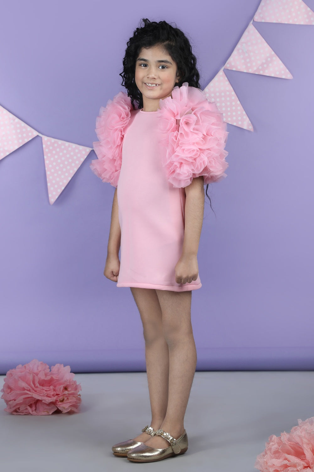 Straight Dress Embellisdhed With Bunch Of 3D Fabric Flowers In Sleeves