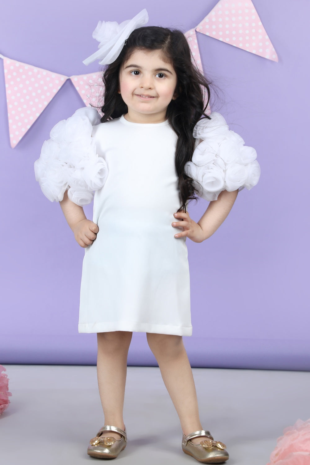 Straight Dress Embellisdhed With Bunch Of 3D Fabric Flowers In Sleeves