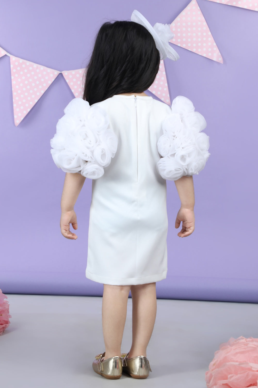 Straight Dress Embellisdhed With Bunch Of 3D Fabric Flowers In Sleeves