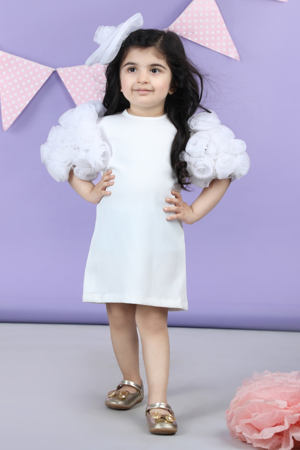 Straight Dress Embellisdhed With Bunch Of 3D Fabric Flowers In Sleeves