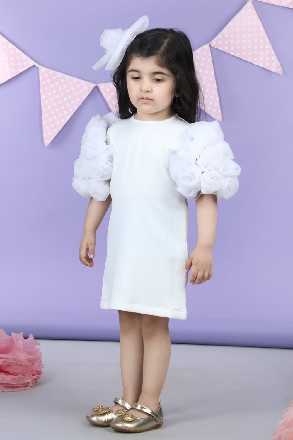 Straight Dress Embellisdhed With Bunch Of 3D Fabric Flowers In Sleeves
