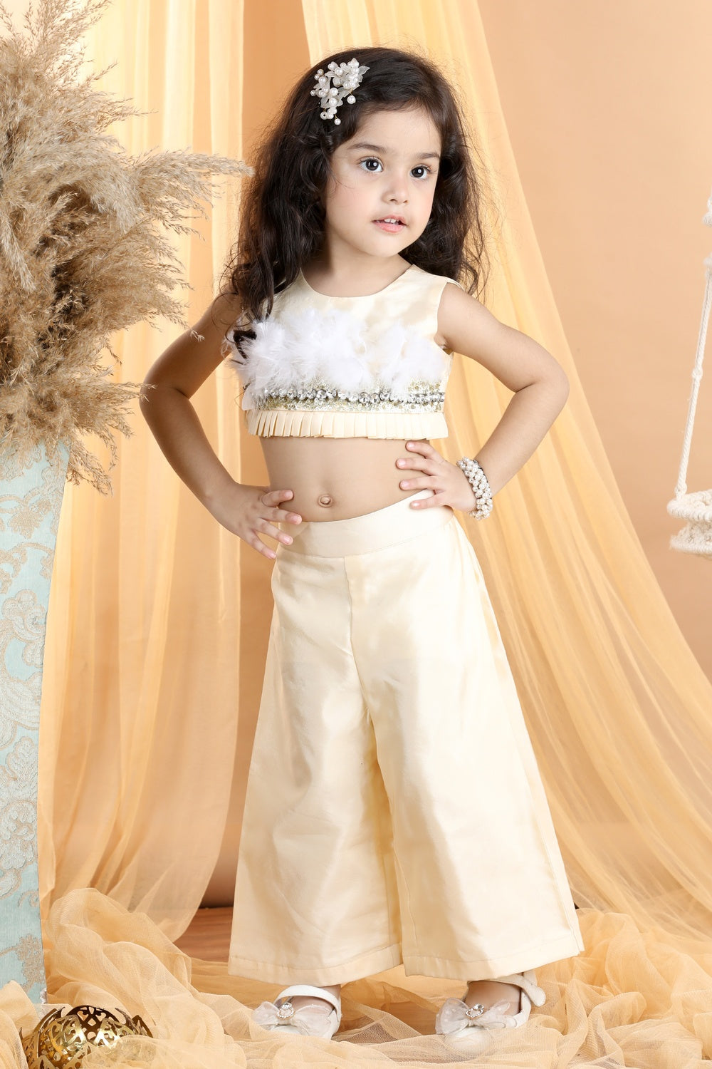 Embroided Top With Fur And Palazza Pants