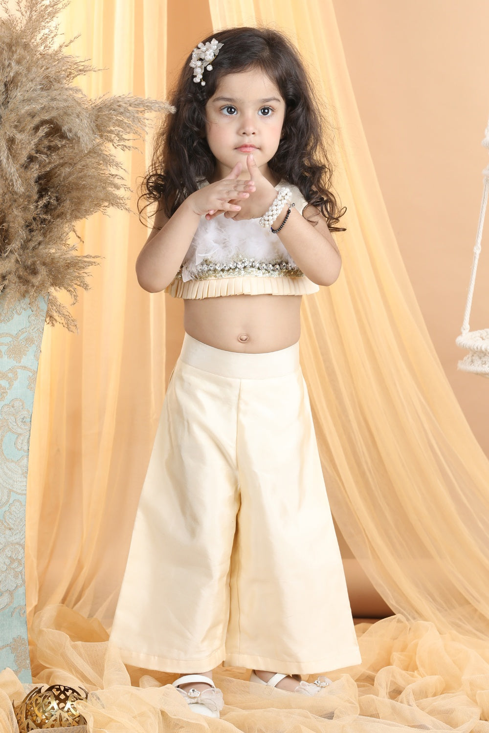 Embroided Top With Fur And Palazza Pants