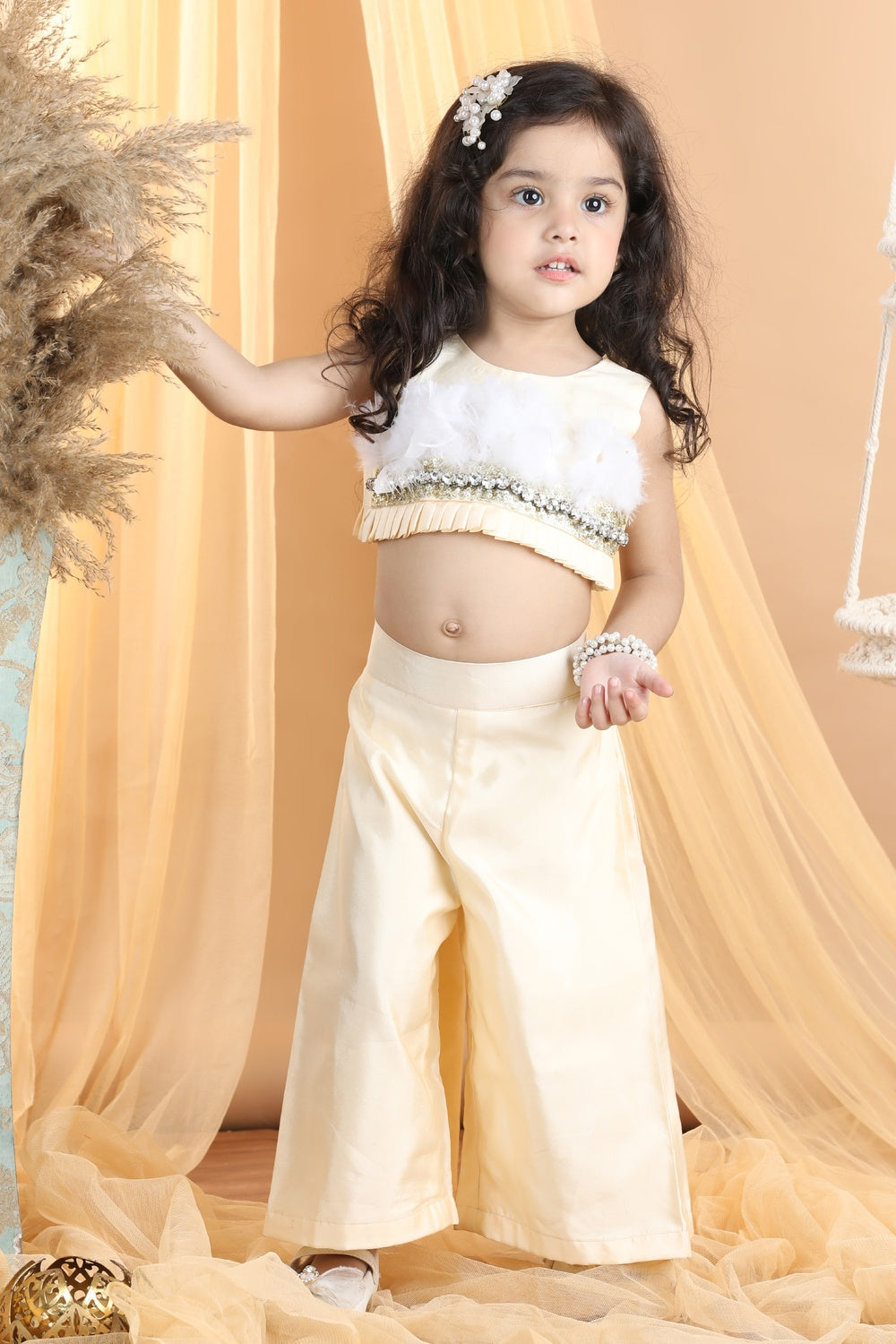 Embroided Top With Fur And Palazza Pants