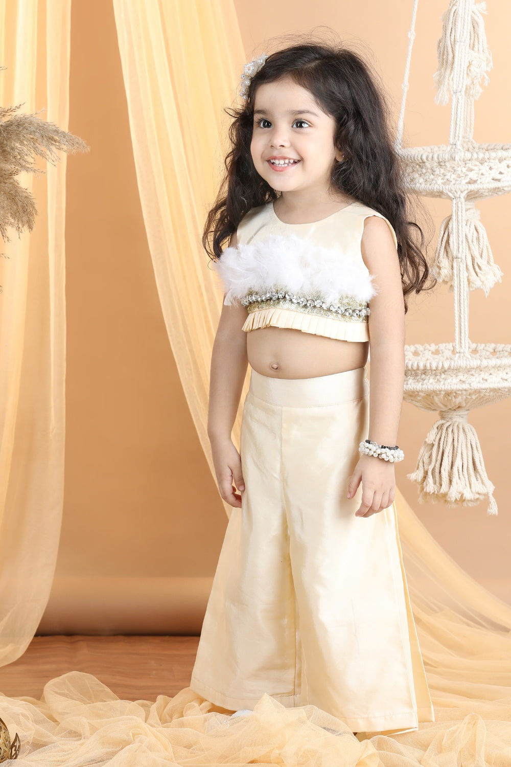 Embroided Top With Fur And Palazza Pants