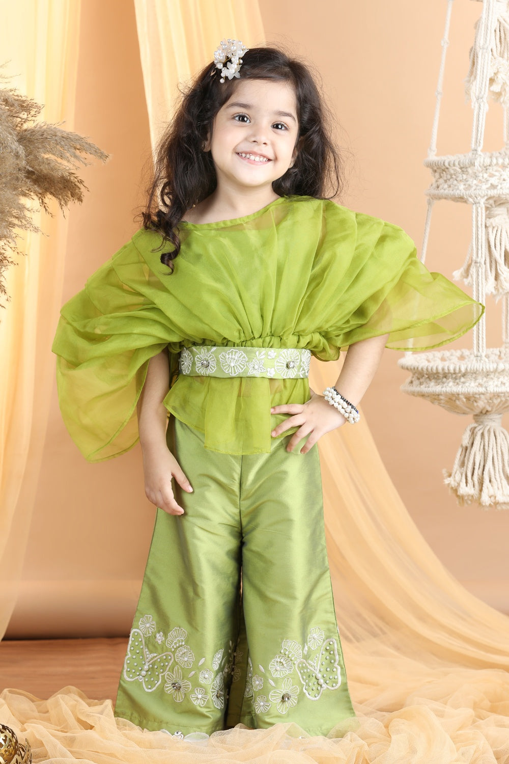 Organza Top With Embroided Pants And Belt Embellished With Stone And Perls