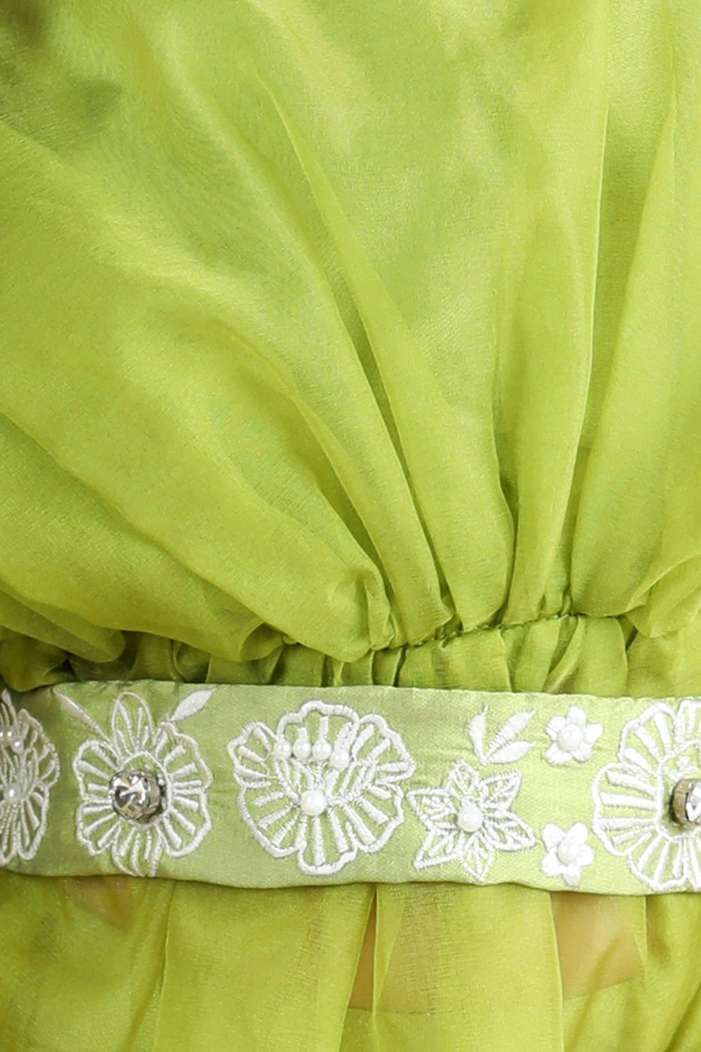 Organza Top With Embroided Pants And Belt Embellished With Stone And Perls