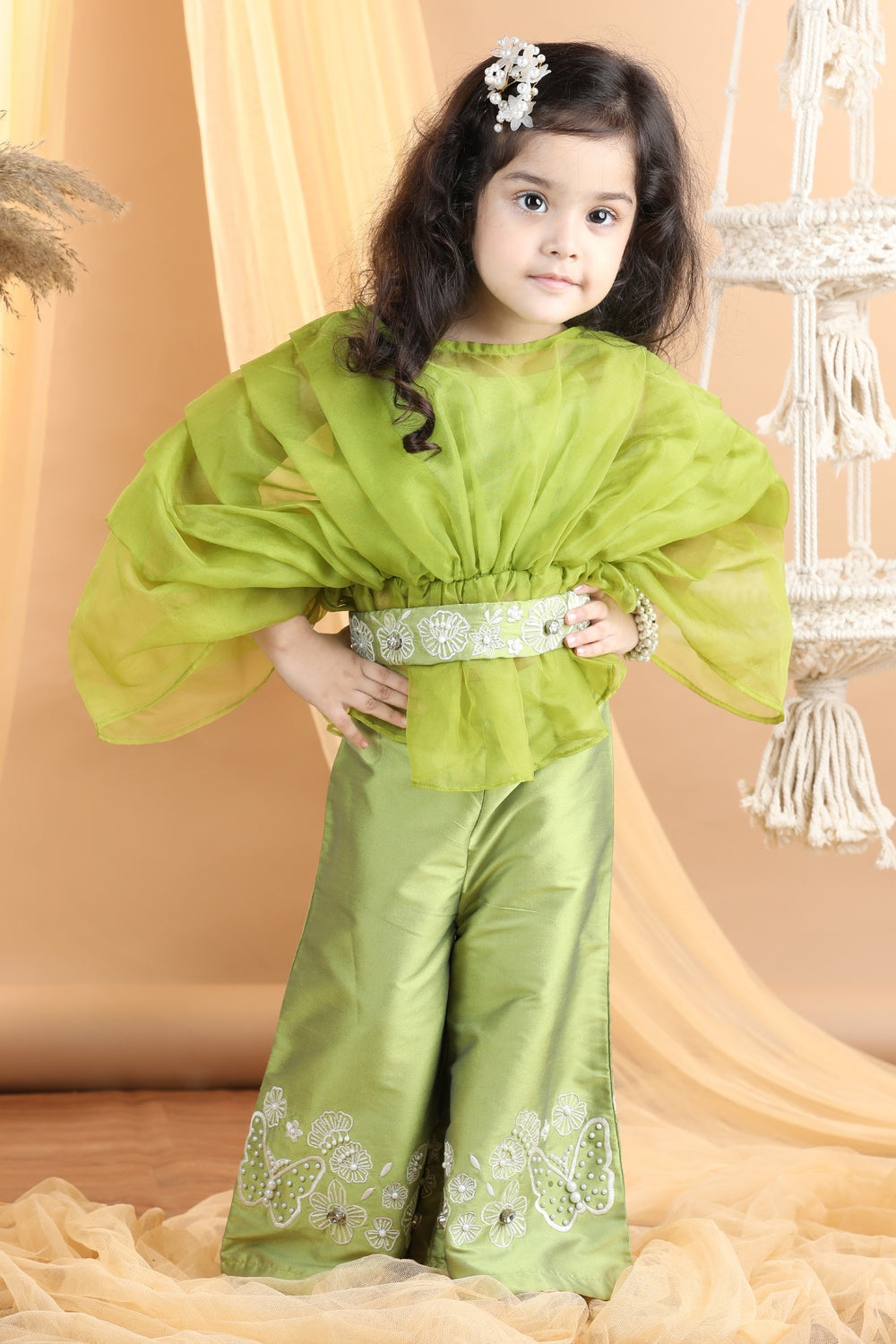 Organza Top With Embroided Pants And Belt Embellished With Stone And Perls