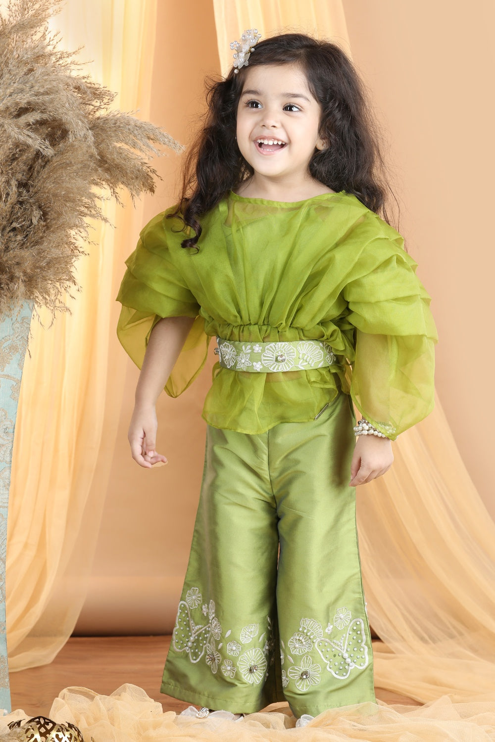 Organza Top With Embroided Pants And Belt Embellished With Stone And Perls