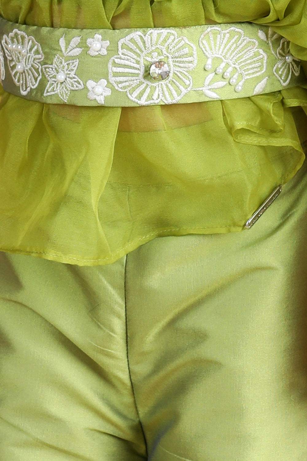 Organza Top With Embroided Pants And Belt Embellished With Stone And Perls