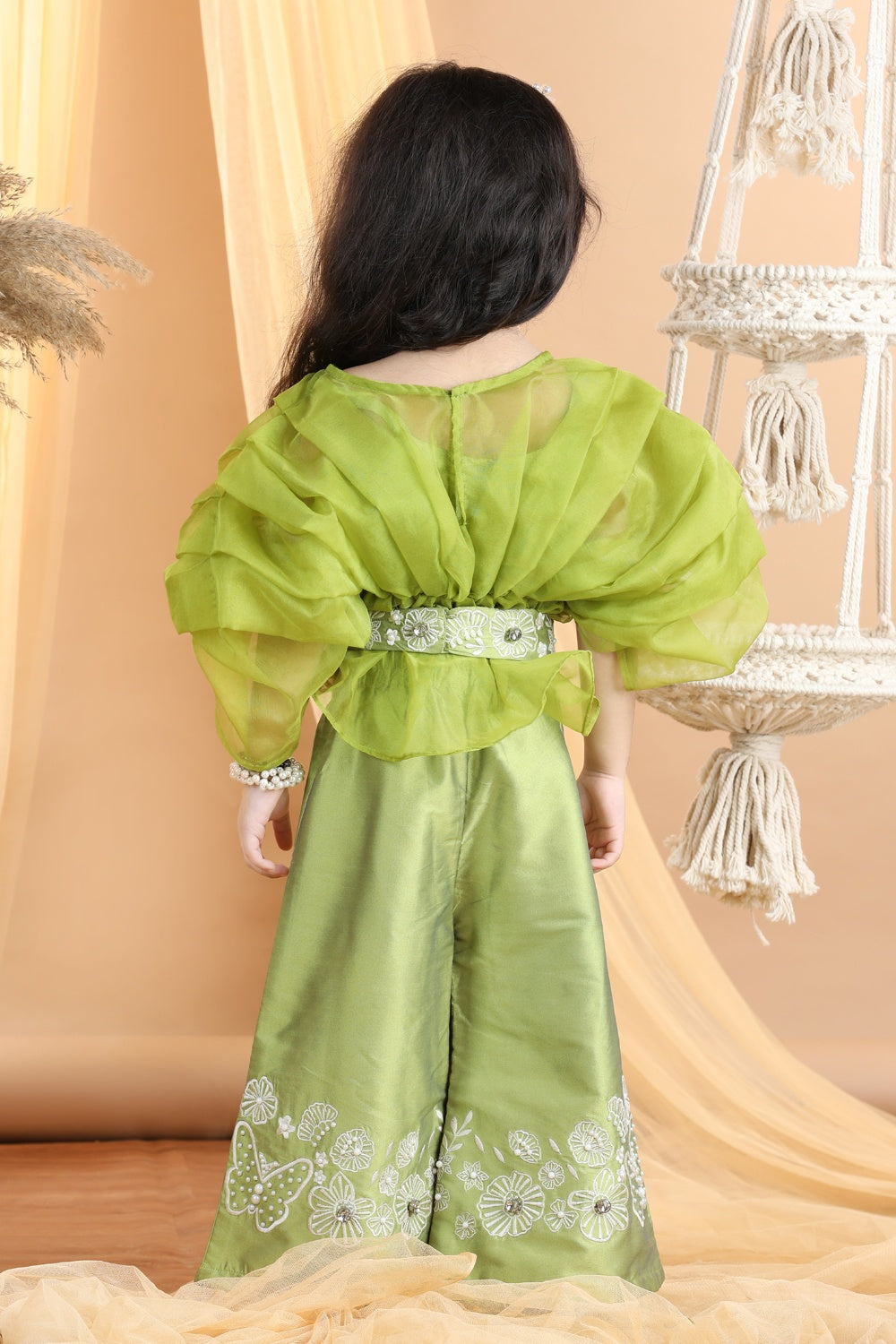 Organza Top With Embroided Pants And Belt Embellished With Stone And Perls
