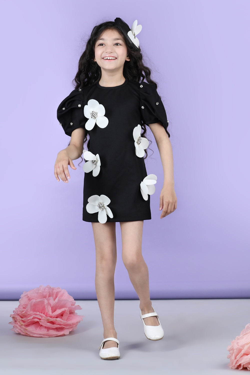 Straight Dress Embellished With 3D Flower And Stone Scattering