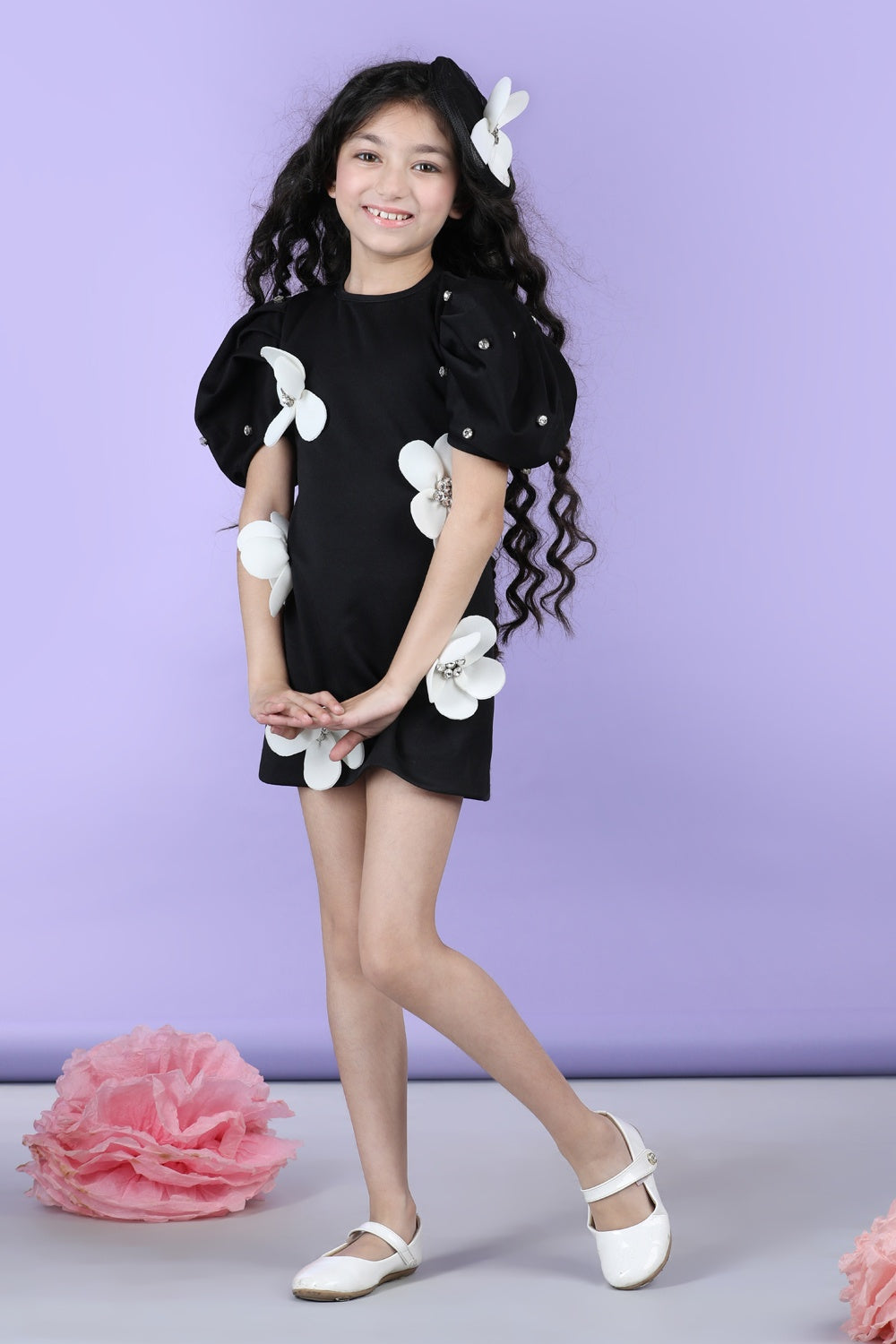 Straight Dress Embellished With 3D Flower And Stone Scattering