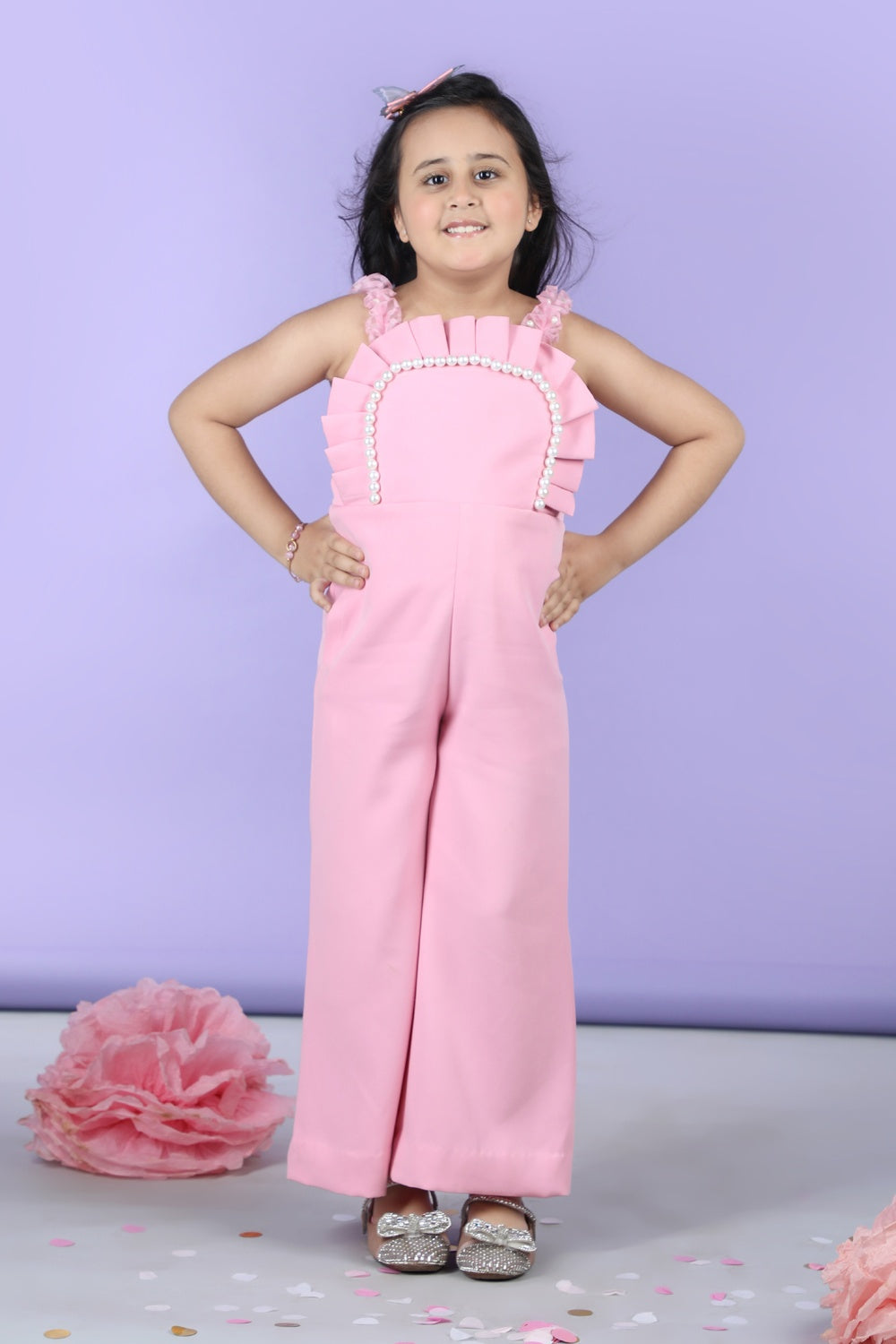 Jumpsuit Emblissed With Fabric Frill And Pearl Detailing.