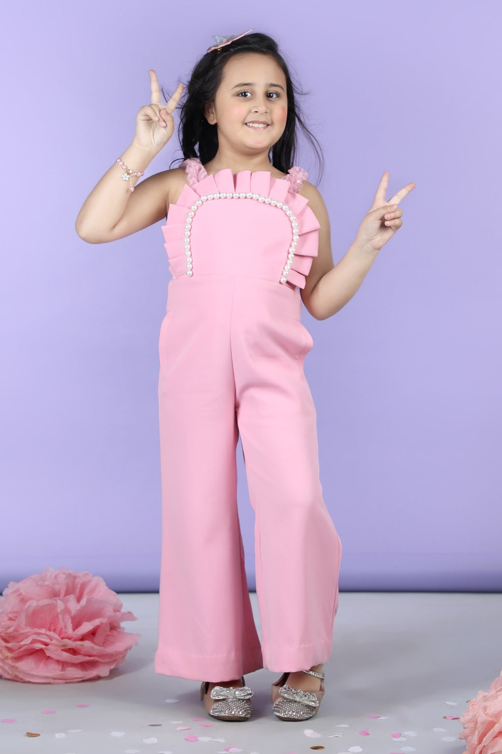 Jumpsuit Emblissed With Fabric Frill And Pearl Detailing.