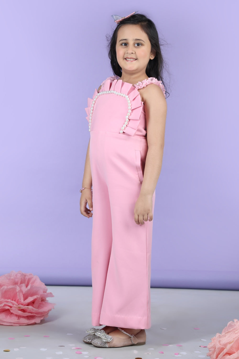 Jumpsuit Emblissed With Fabric Frill And Pearl Detailing.