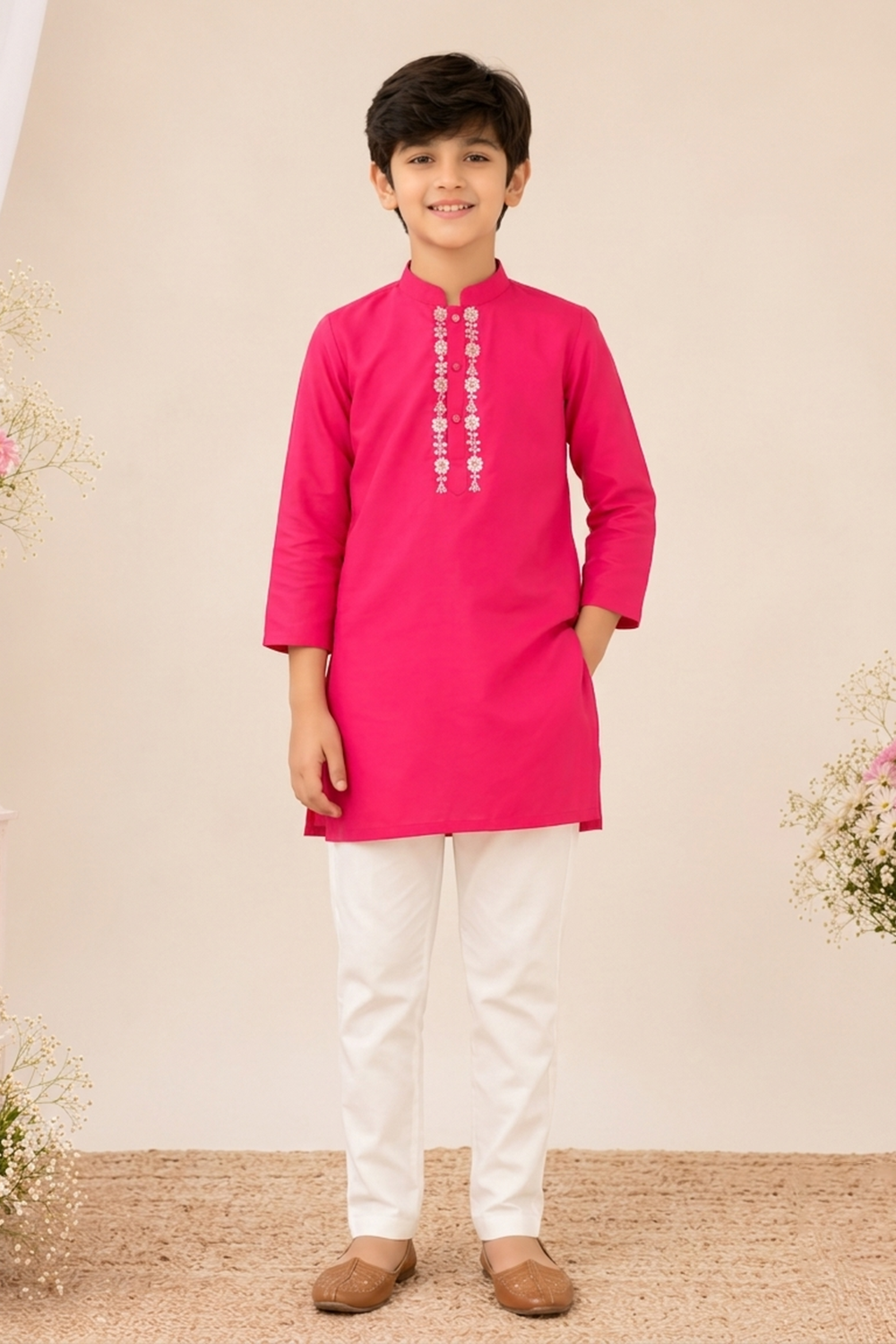 Vibrant Hot Pink Embroidered Kurta Paired With White Pants