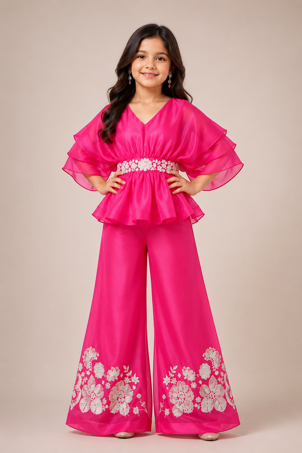 Vibrant Hot Pink Organza Peplum Indo Western Set With Floral Embroidery