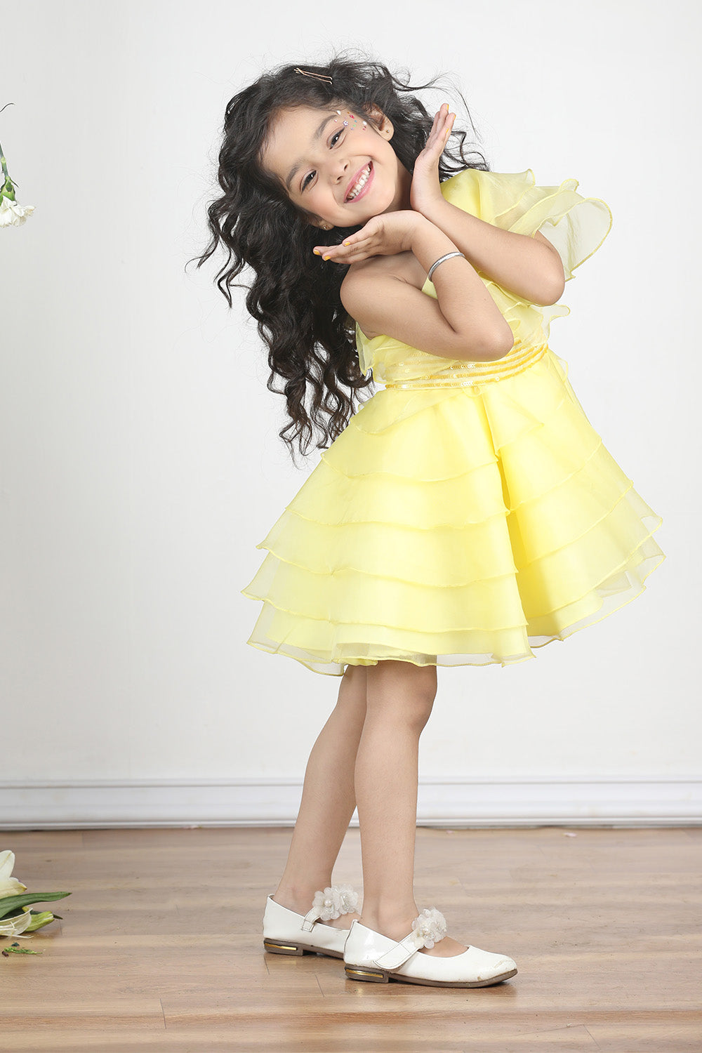 Yellow Off Shoulder Dress with Layers and Embroiderded Belt
