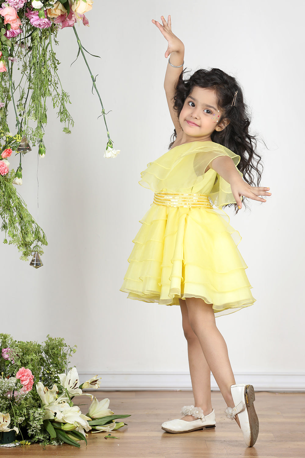 Yellow Off Shoulder Dress with Layers and Embroiderded Belt