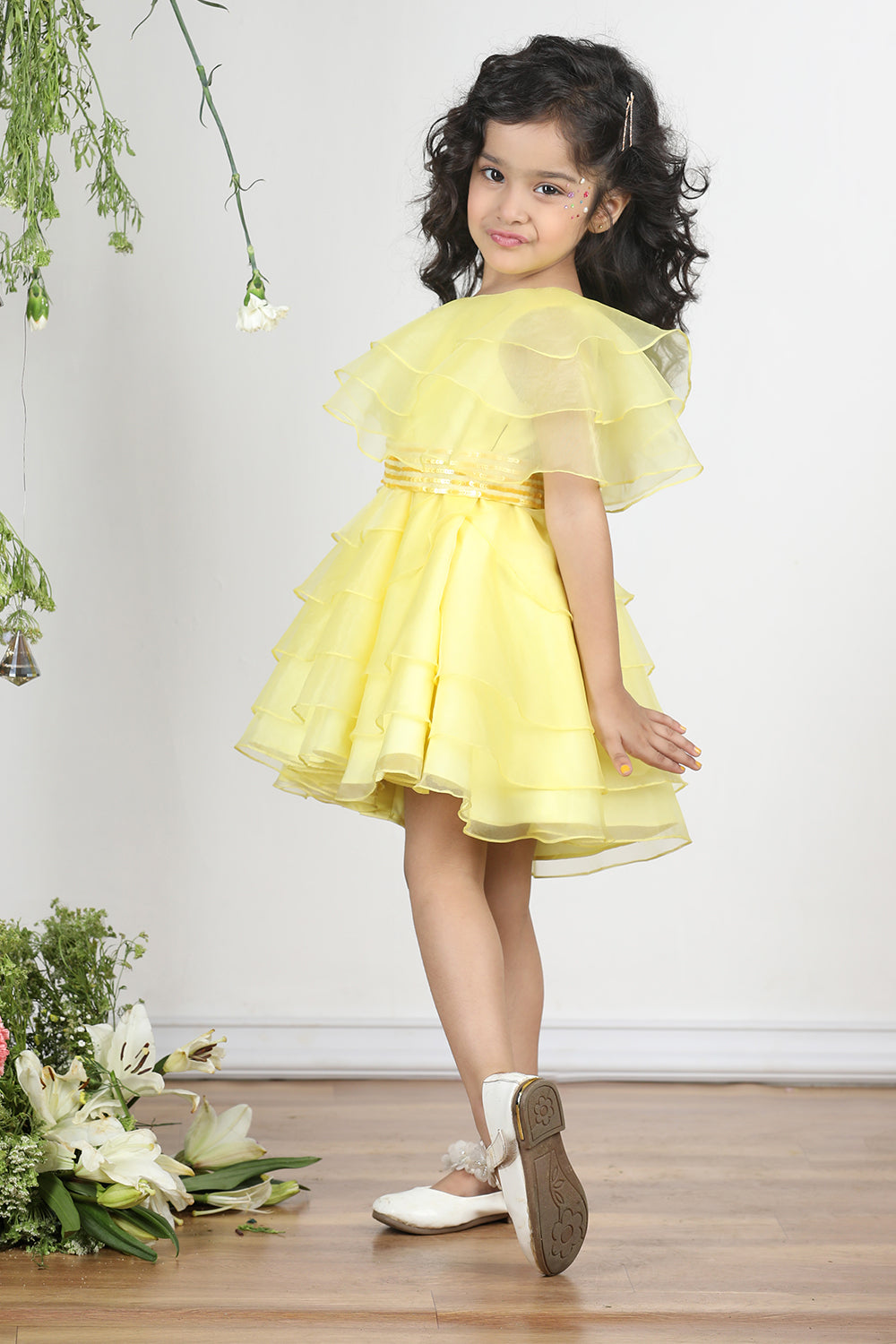 Yellow Off Shoulder Dress with Layers and Embroiderded Belt