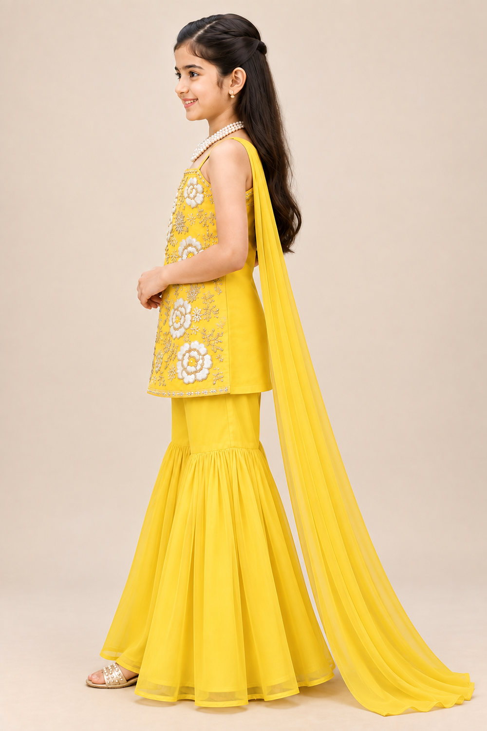 Vibrant Yellow Floral Hand Embroidered Suit Paired With Gharara N Embellished Dupatta