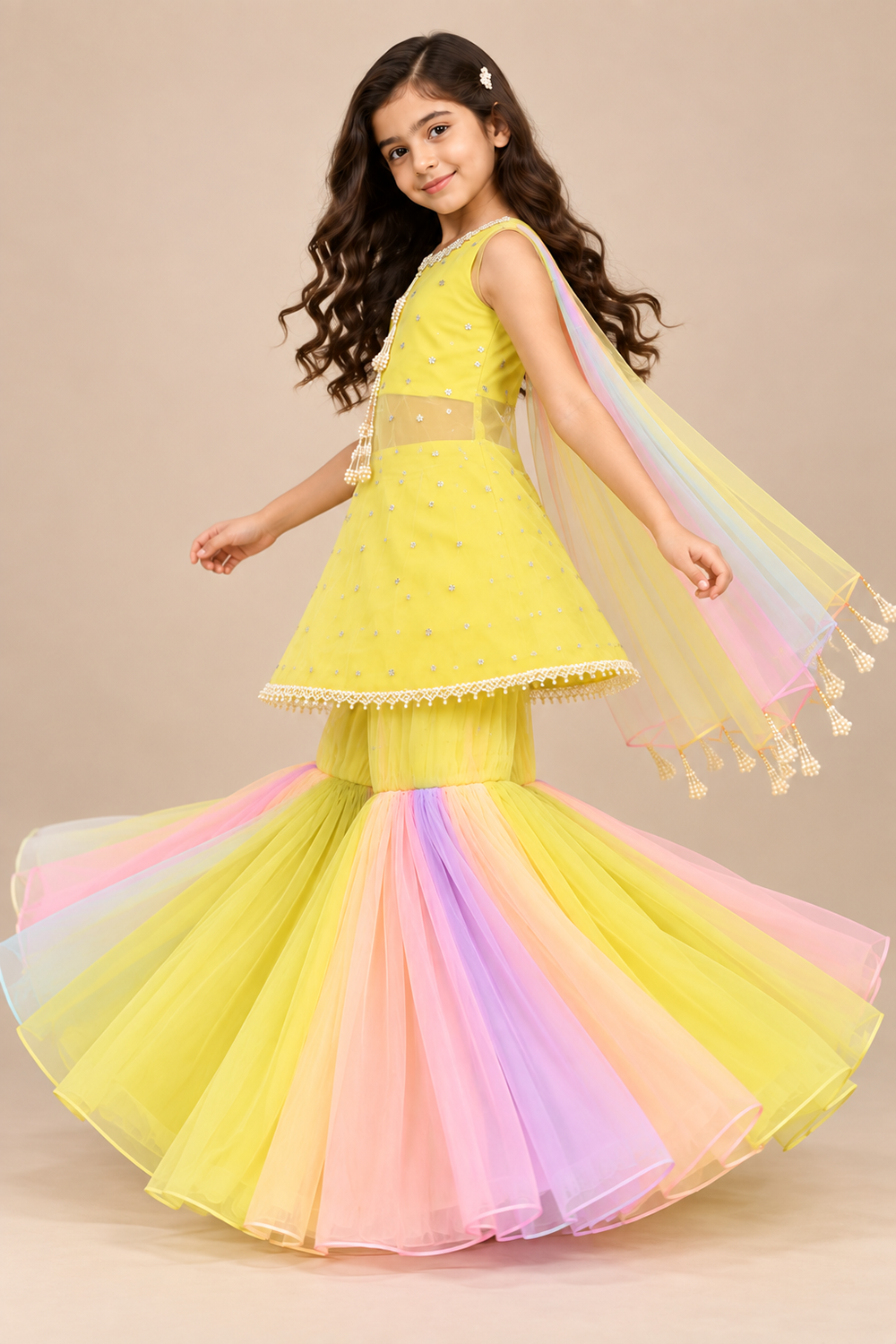 Lemon Yellow Embellished Suit With Dreamy Pastel Panelled Gharara With Matching Dupatta
