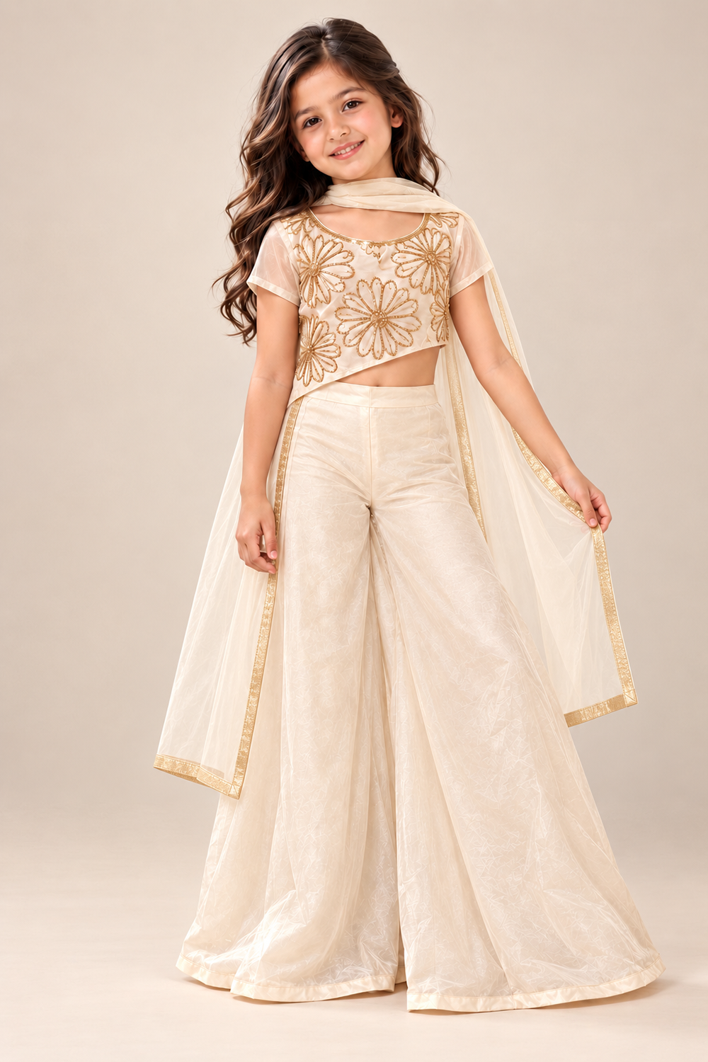 Ivory Floral Embroidered Top With Sheer Sleeves, Flowing Plazzo And Tasseled Dupatta