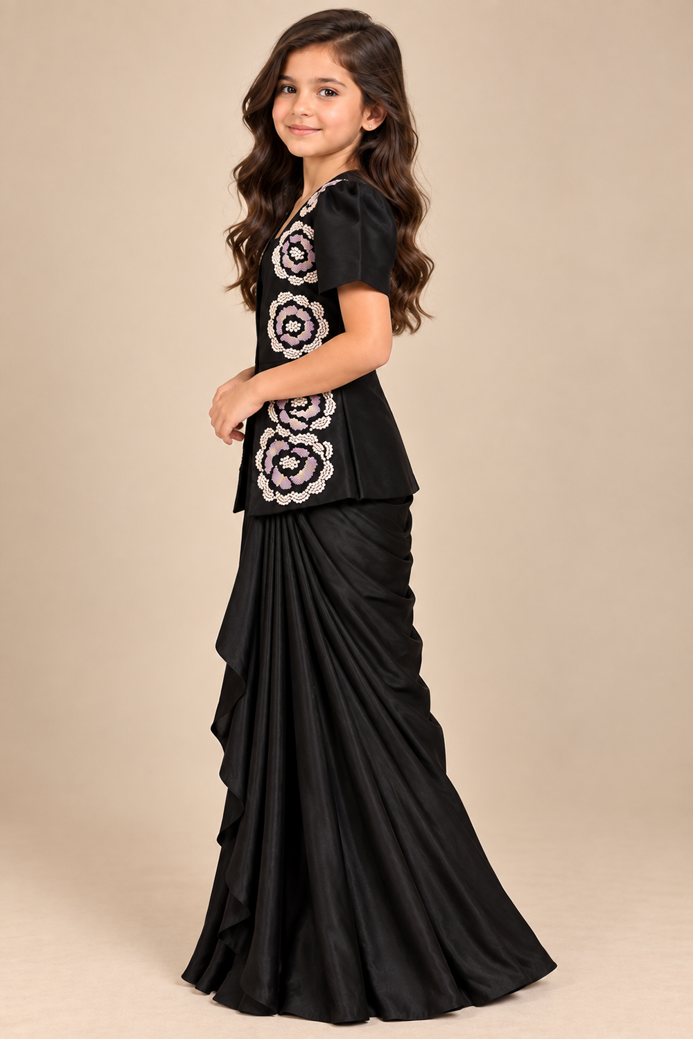 Sleek Draped Skirt Paired With With A Statement Jacket Adorned With Floral Embroidery And Crop Top