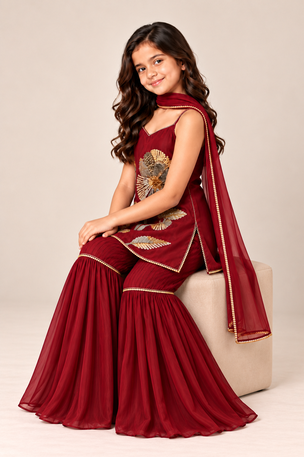 A Rich Maroon Hand Embroidered Suit With Gharara And Laced Dupatta