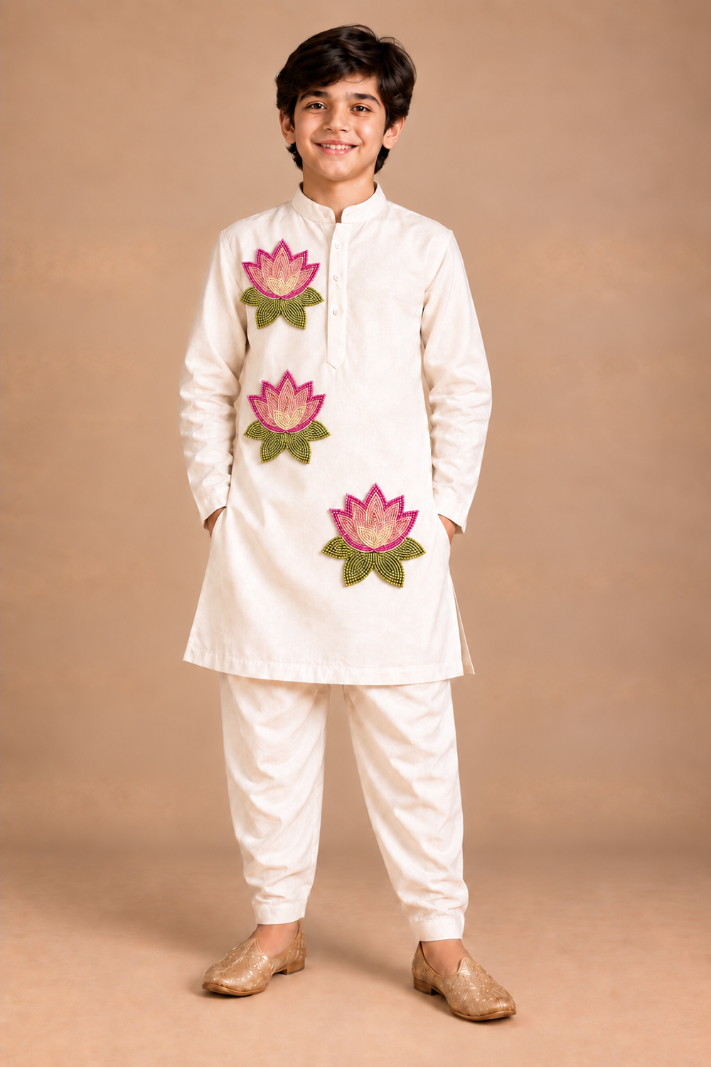 Off - White Kurta Pajama With Vibrant Pink Lotus Embroidery Motif