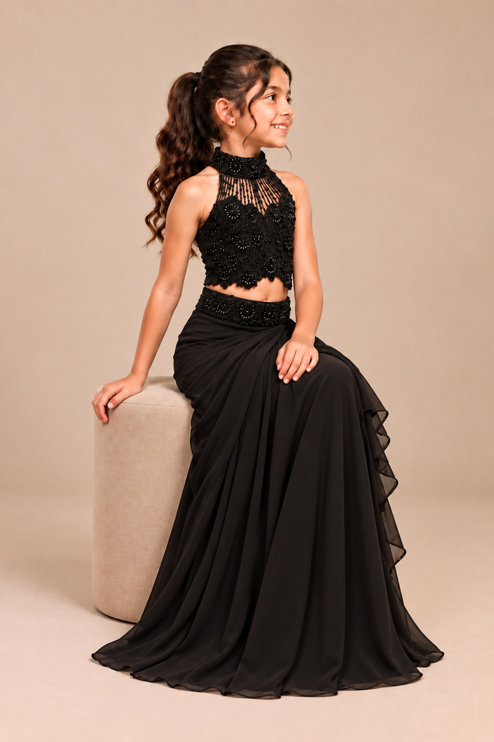 Black Pre-Draped Skirt Paired With Floral Embroidery Halter Top