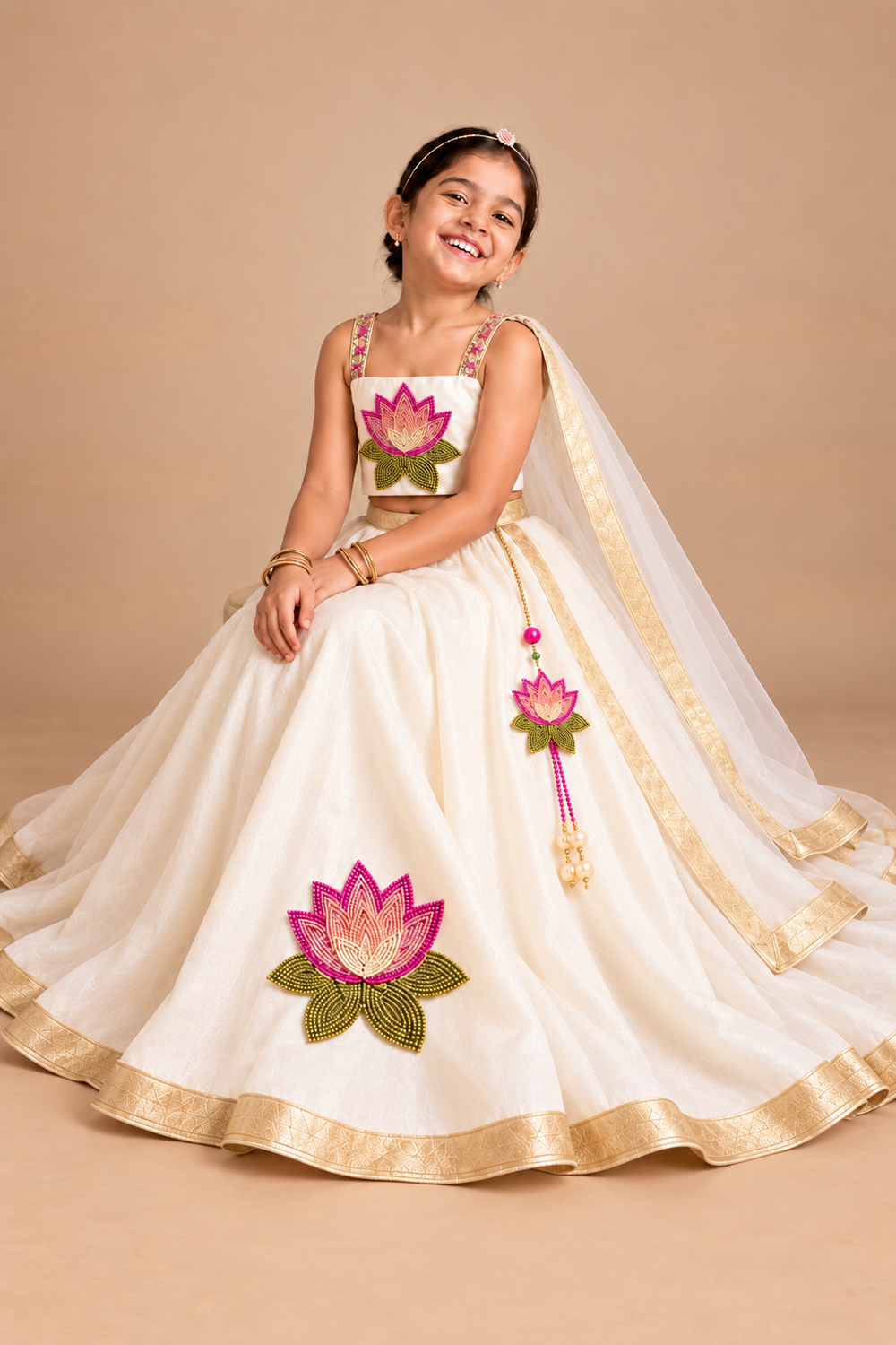 Off White Lehenga With Pink Lotus Embroidery