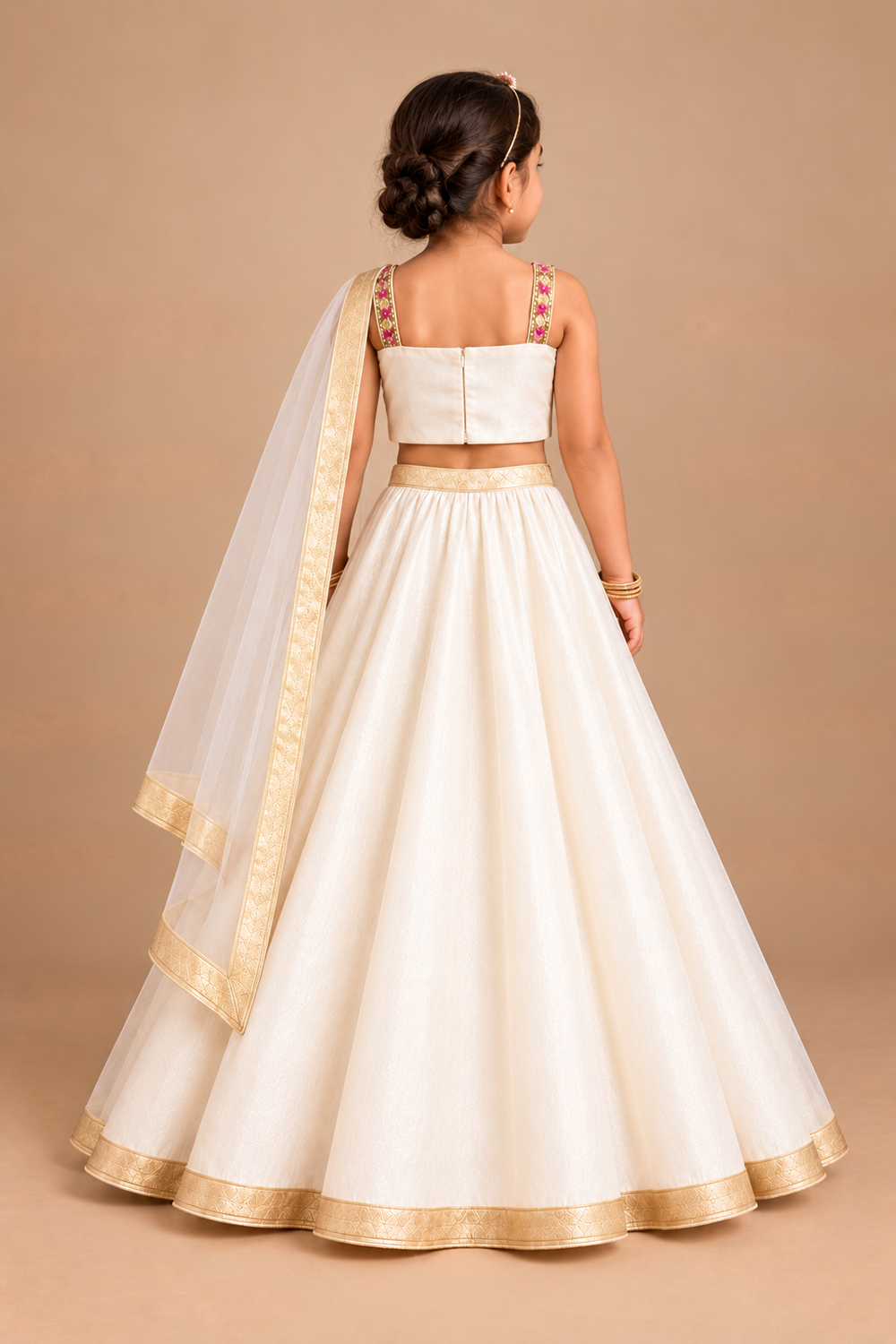 Off White Lehenga With Pink Lotus Embroidery