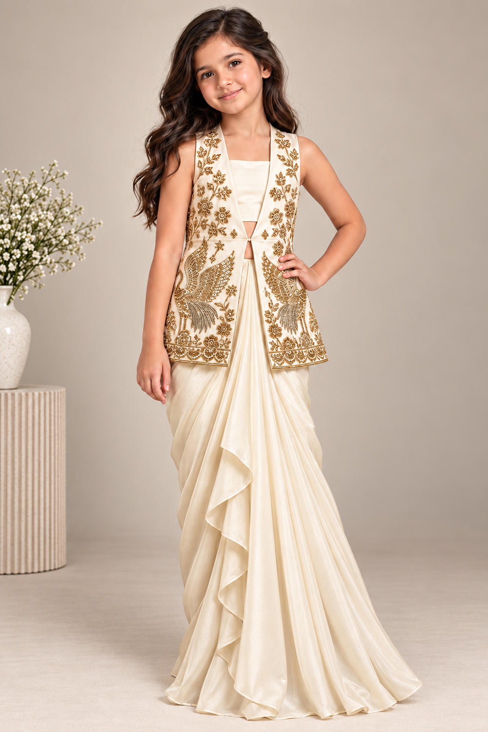 Sleek Draped Skirt Paired With With A Beautiful Embroidered Jacket  And A Crop Top
