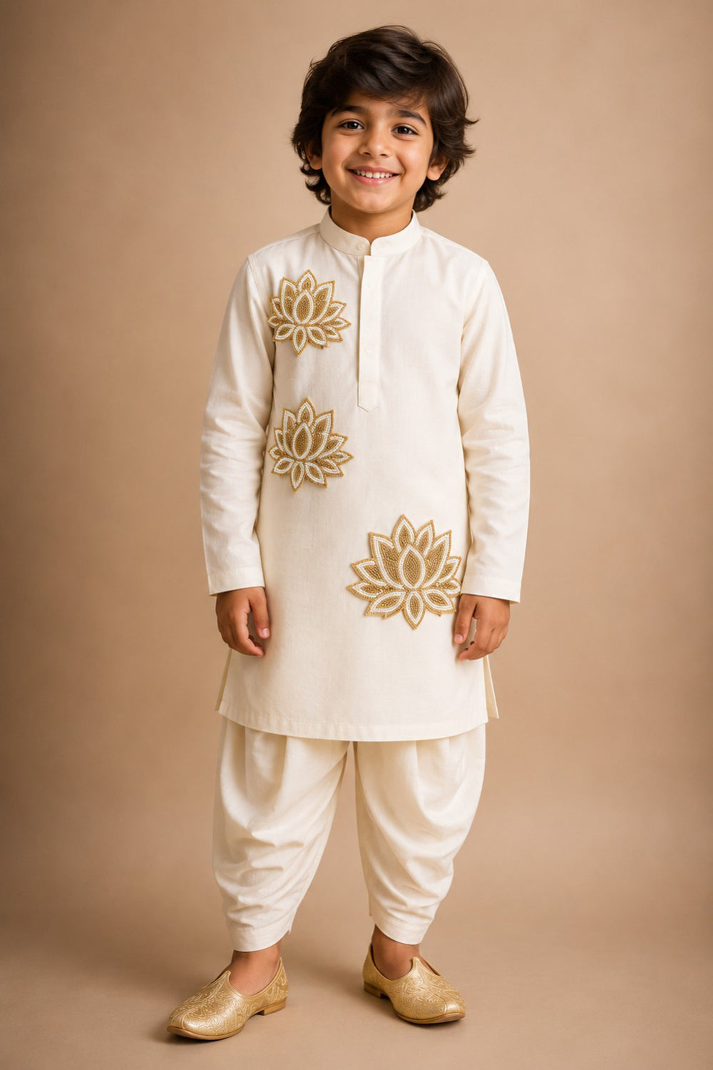 Elegant Kurta Pajama With Statement Golden Lotus Embroidery With Salwar