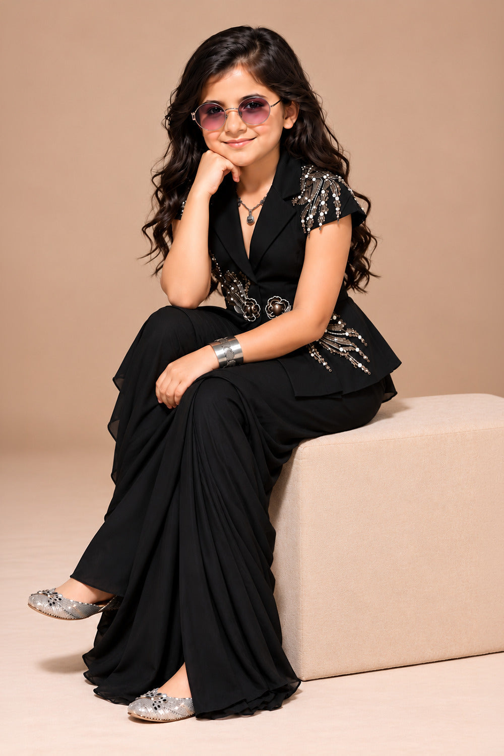 Indo Western Ensemble Featuring Blazer Style Top With Elegant Draped Skirt