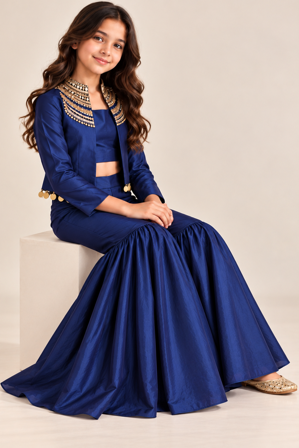 Stylish Indo Western Set With Golden Embroidery And Hangings Paired With Crop Top N Gharara