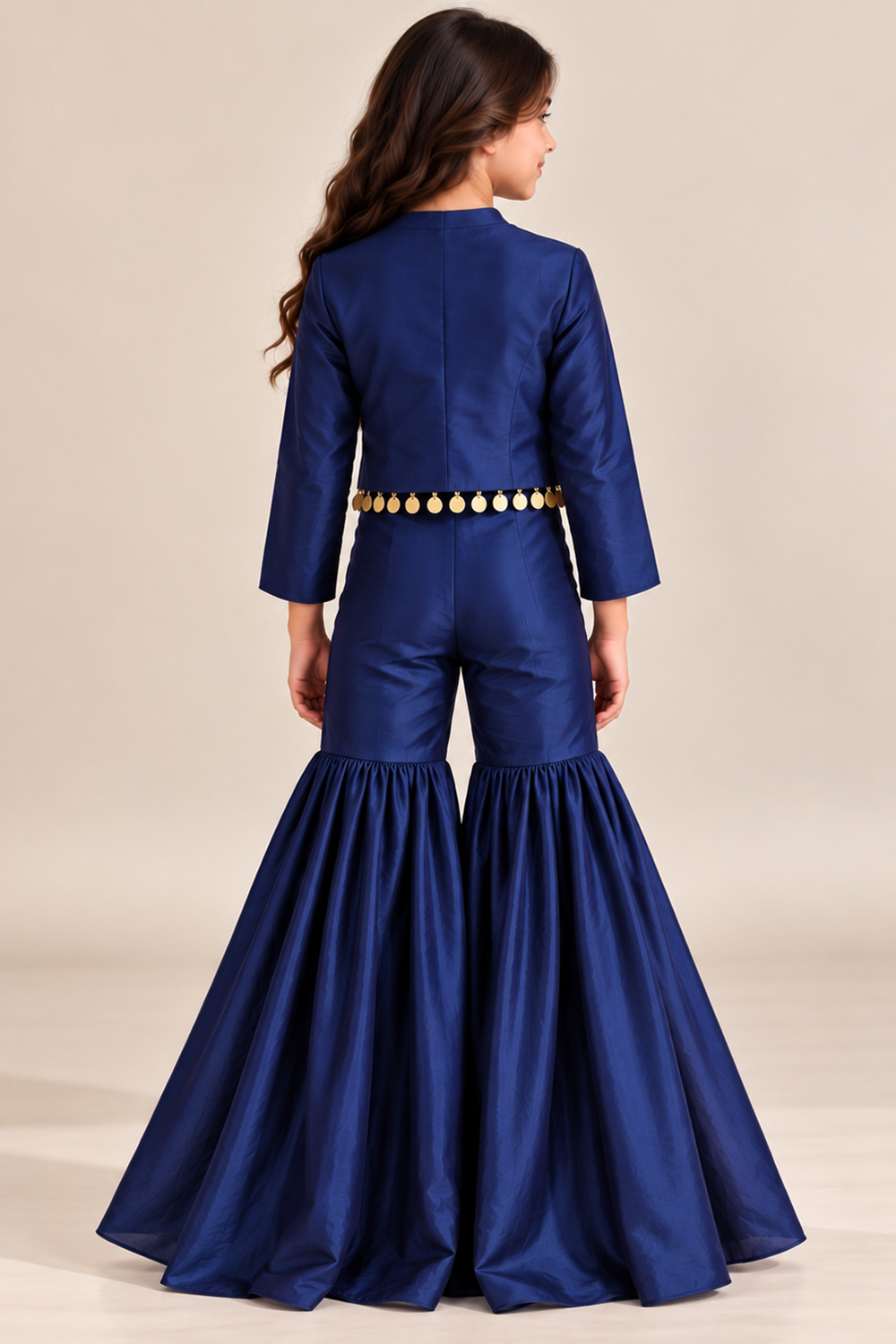 Stylish Indo Western Set With Golden Embroidery And Hangings Paired With Crop Top N Gharara