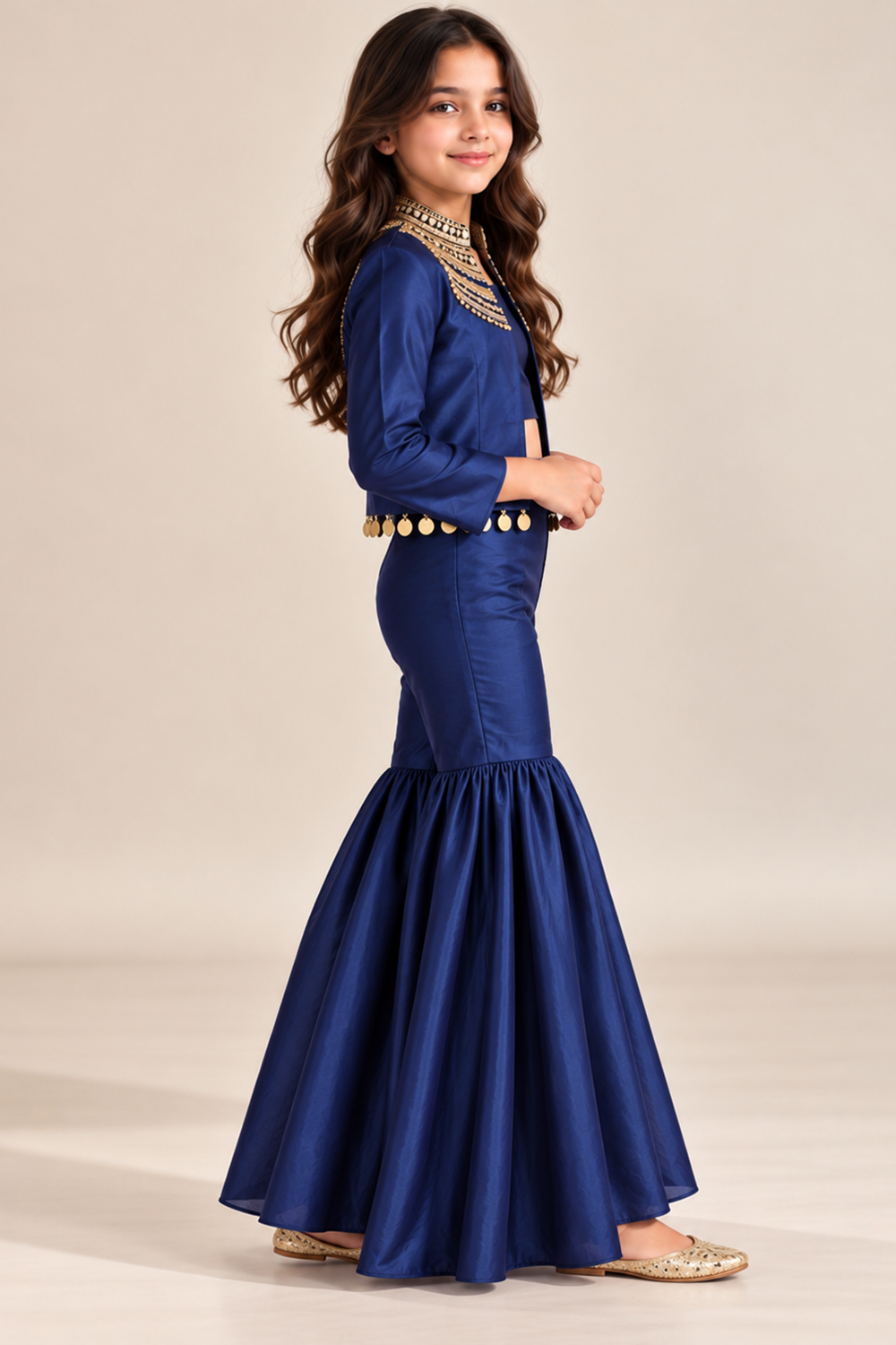 Stylish Indo Western Set With Golden Embroidery And Hangings Paired With Crop Top N Gharara