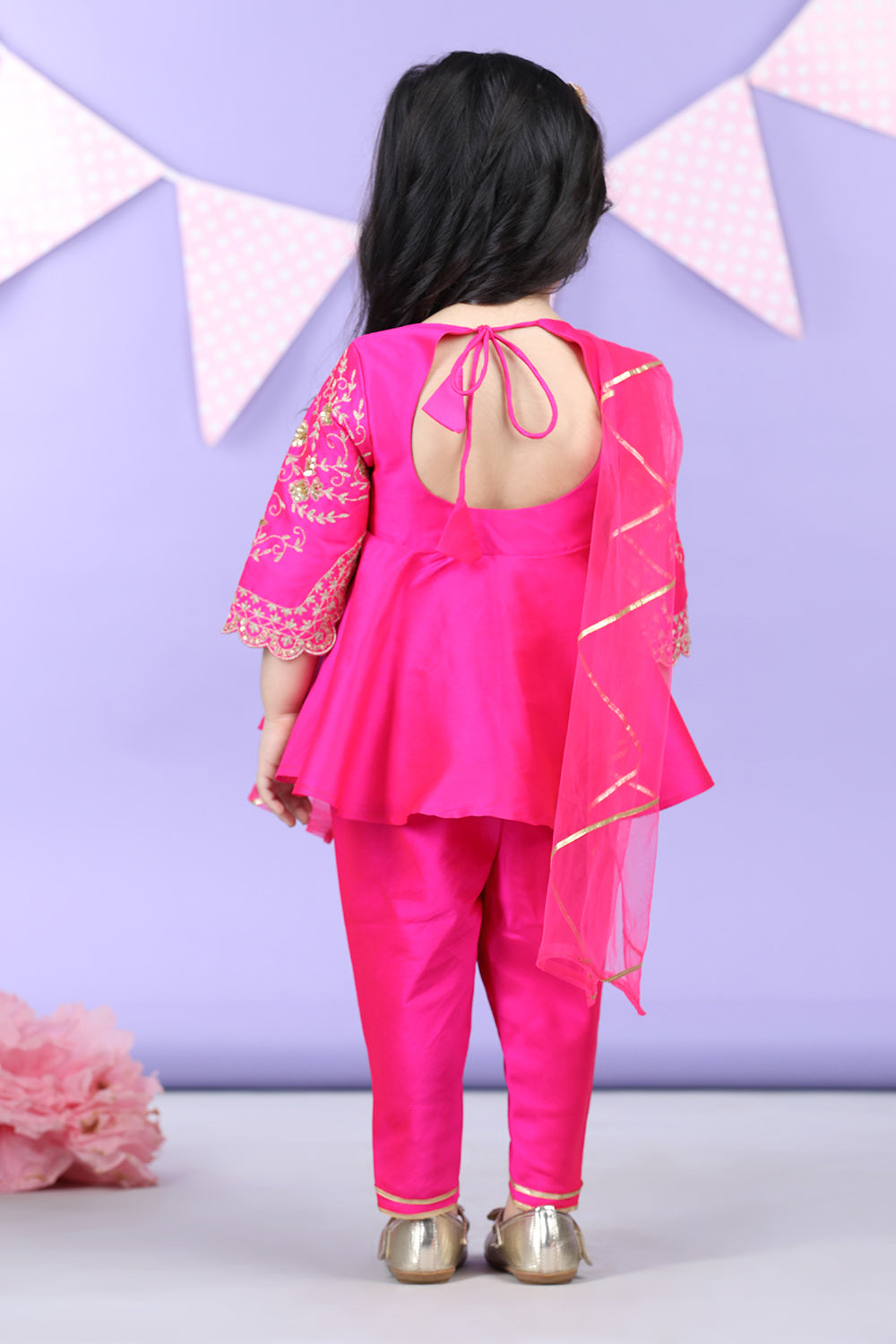 Potli Button Detail Front Open Pink Kurti and Dhoti with Net Dupatta