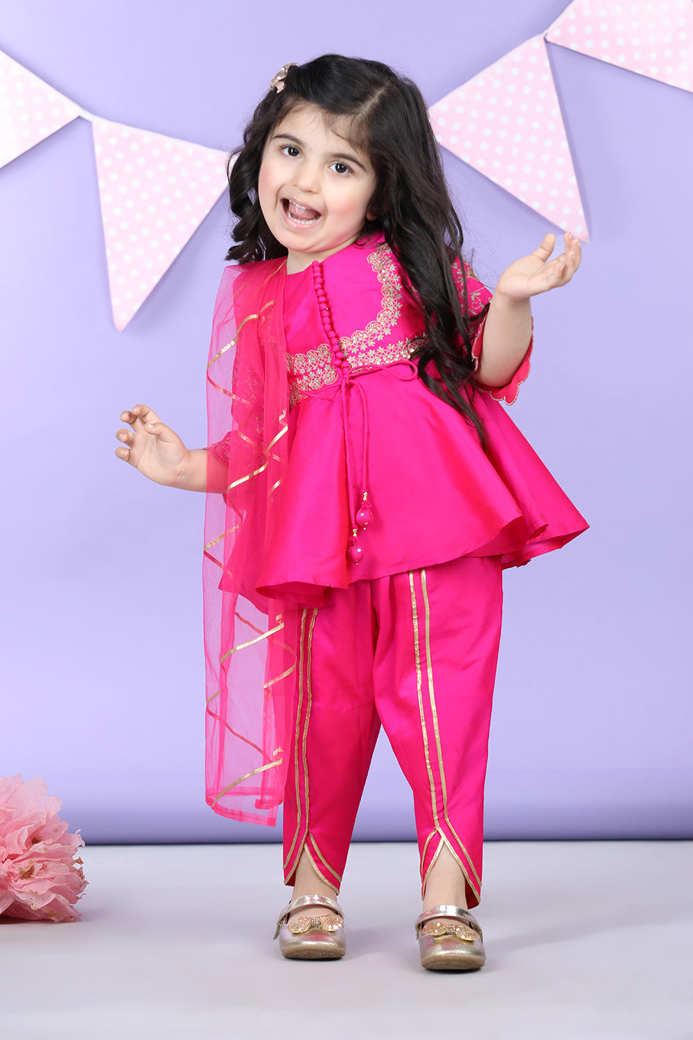 Potli Button Detail Front Open Pink Kurti and Dhoti with Net Dupatta