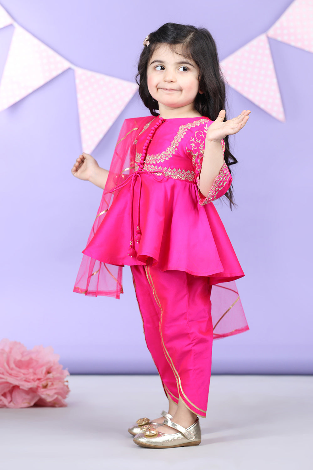 Potli Button Detail Front Open Pink Kurti and Dhoti with Net Dupatta