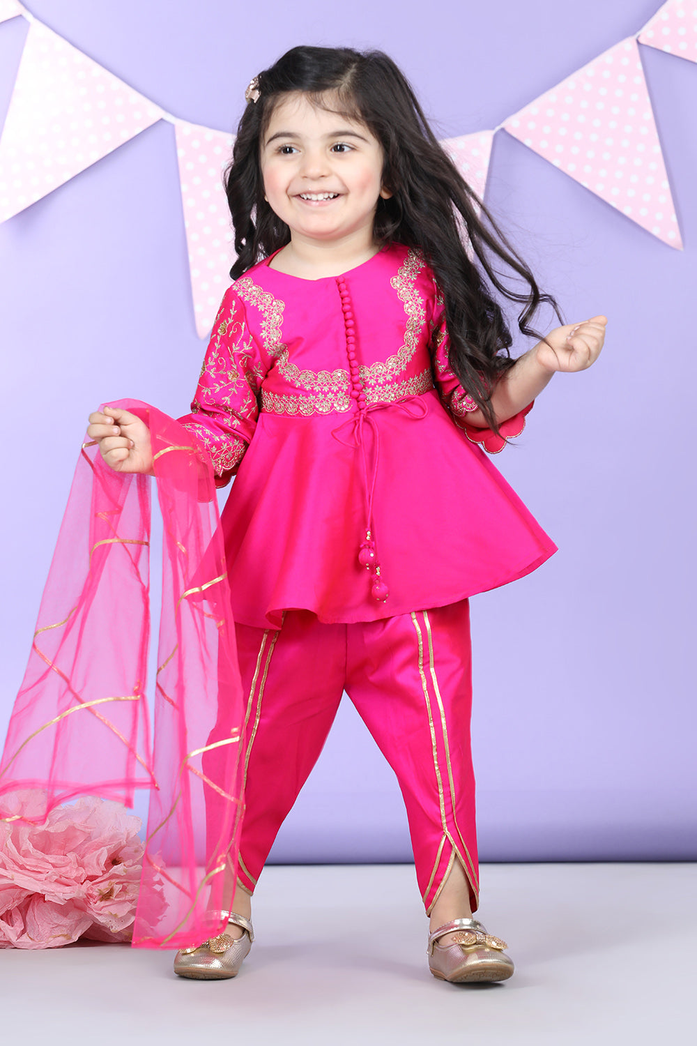 Potli Button Detail Front Open Pink Kurti and Dhoti with Net Dupatta