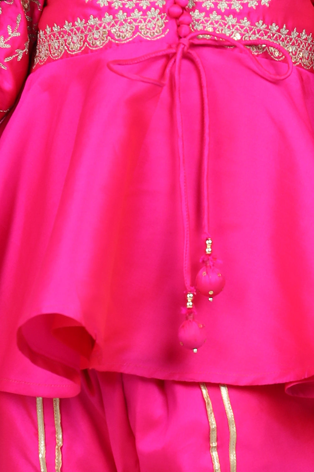 Potli Button Detail Front Open Pink Kurti and Dhoti with Net Dupatta