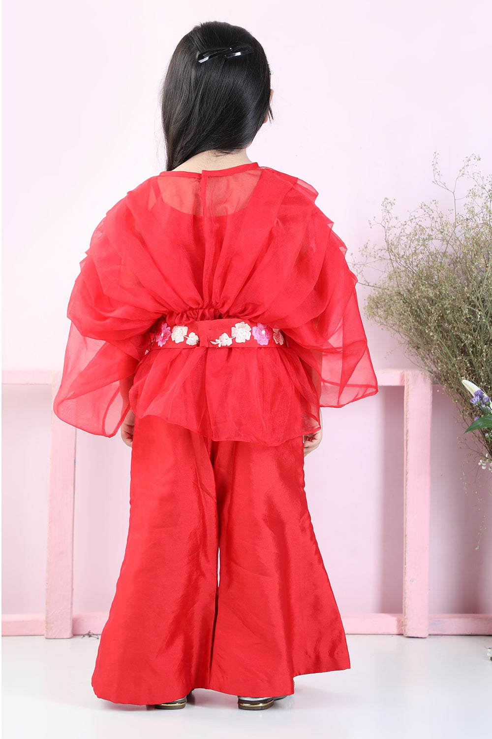 Stylish Pleated Red Top and Embriodered Palazzo with Detachable Belt