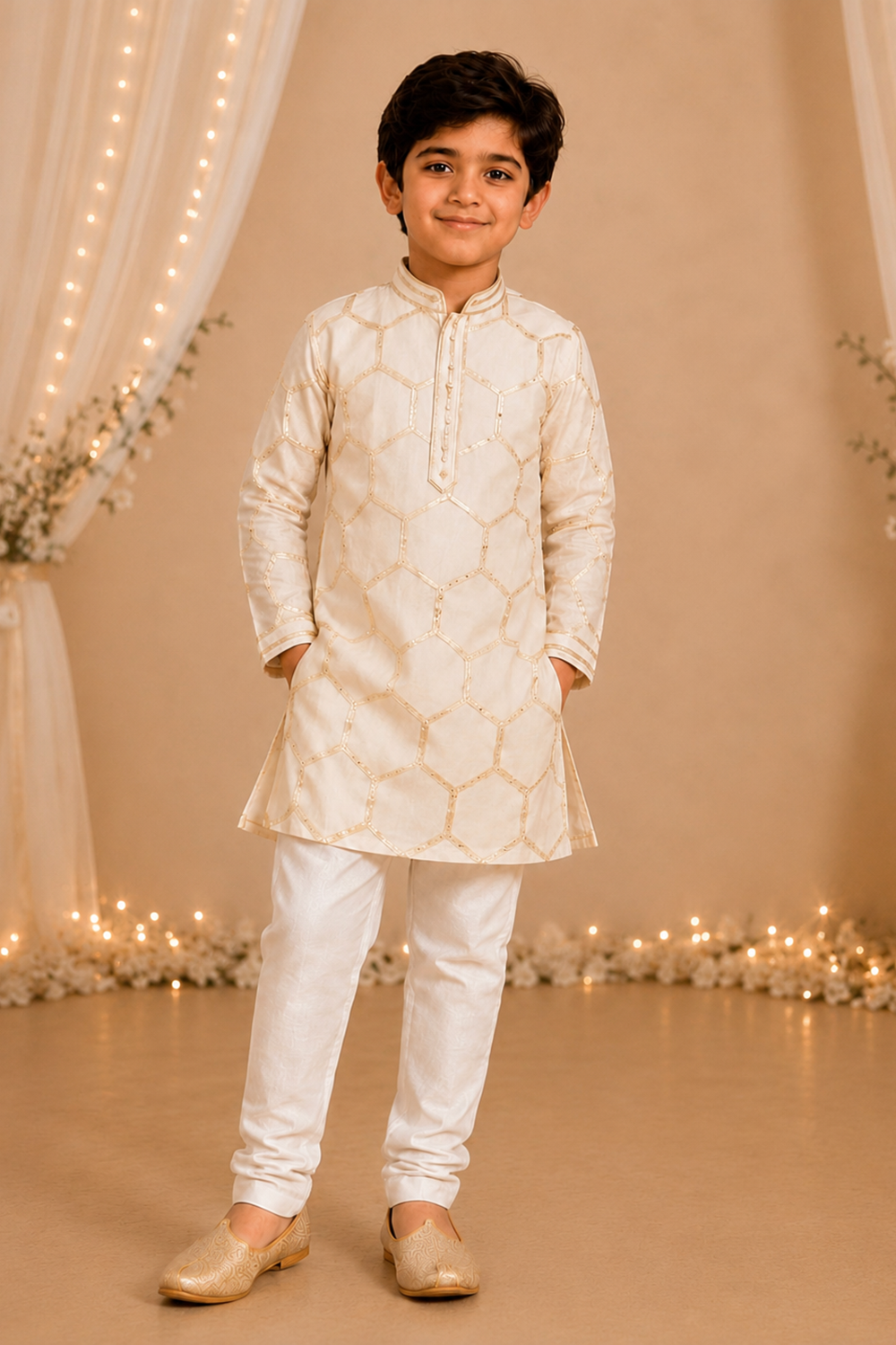 Ivory Kurta Set Detailed with Delicate Gold Gota
