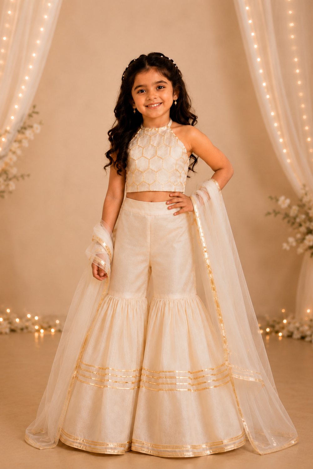 Ivory Halter Neck Crop Top with Gharara and Soft Net Duppatta